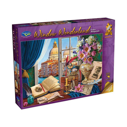 Jigsaw puzzle box titled 'Window Wonderland' with a scenic design on the cover.