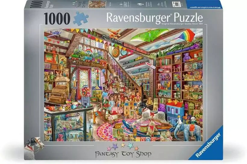 Ravensburger The Fantasy Toy Shop 1000 piece jigsaw puzzle featuring a colourful toy shop filled with toys and collectibles