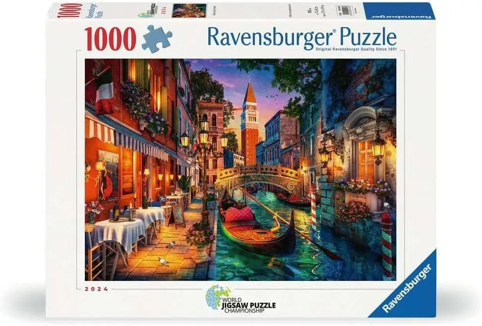 Ravensburger Canal Cruise in Venice 1000 piece jigsaw puzzle featuring gondolas on a romantic Venetian canal at sunset