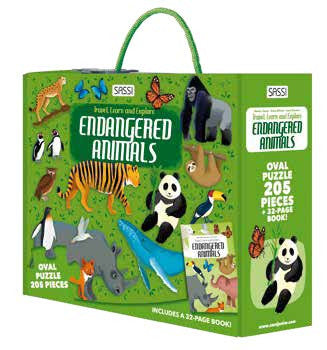Sassi Travel, Learn and Explore - Puzzle and Book Set - Endangered Animals, 205 pcs