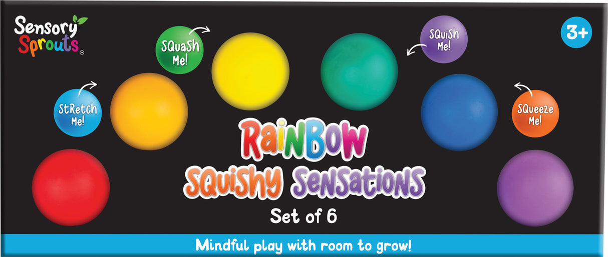 Rainbow squishy sensations set with colorful balls on a black background, featuring Sensory Sprouts branding.