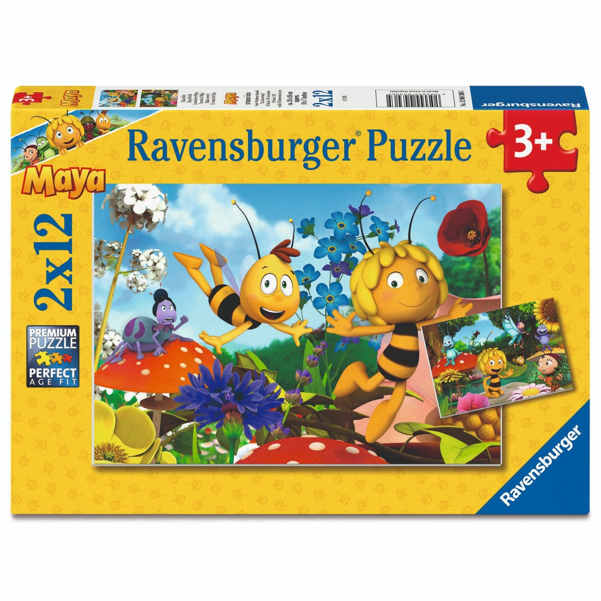 Ravensburger Maya 2x12 jigsaw puzzle box featuring colorful cartoon bees, flowers, and mushrooms on a bright yellow package design.