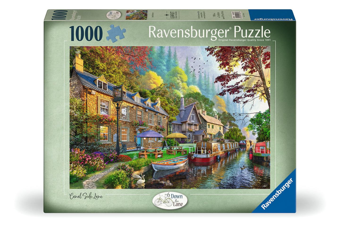Ravensburger Down the Lane No. 6 Canal Side Lane 1000 piece jigsaw puzzle featuring a picturesque canal with colourful cottages, boats, swans and blooming gardens