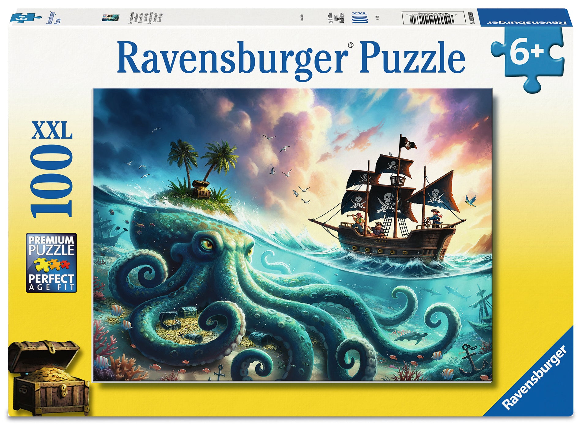 Ravensburger Octopus Treasure 100 XXL piece children's jigsaw puzzle featuring a giant octopus guarding an underwater treasure chest
