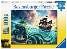 Ravensburger Octopus Treasure 100 XXL piece children's jigsaw puzzle featuring a giant octopus guarding an underwater treasure chest