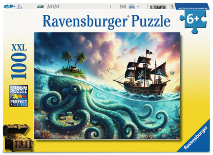 Ravensburger Octopus Treasure 100 XXL piece children's jigsaw puzzle featuring a giant octopus guarding an underwater treasure chest