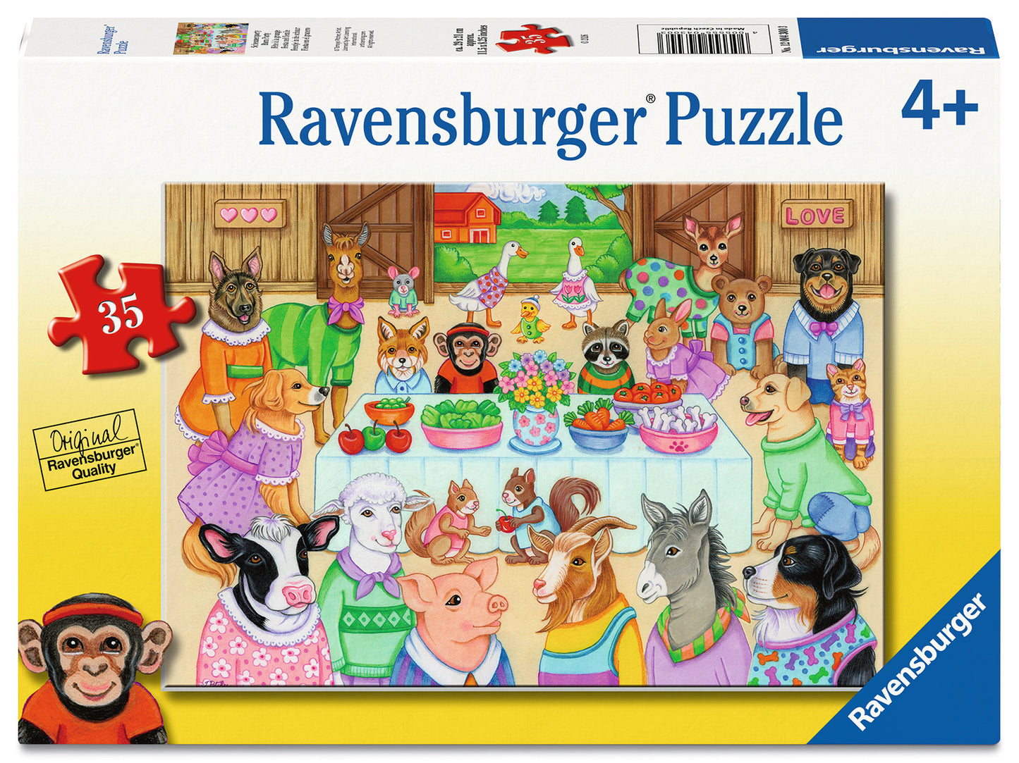 Ravensburger Barn Party 35 piece children's jigsaw puzzle featuring colourful farm animals at a lively barn celebration
