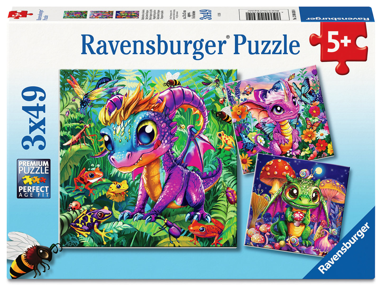Ravensburger Baby Garden Dragons 3 x 49 piece jigsaw puzzle set featuring adorable baby dragons in magical garden scenes