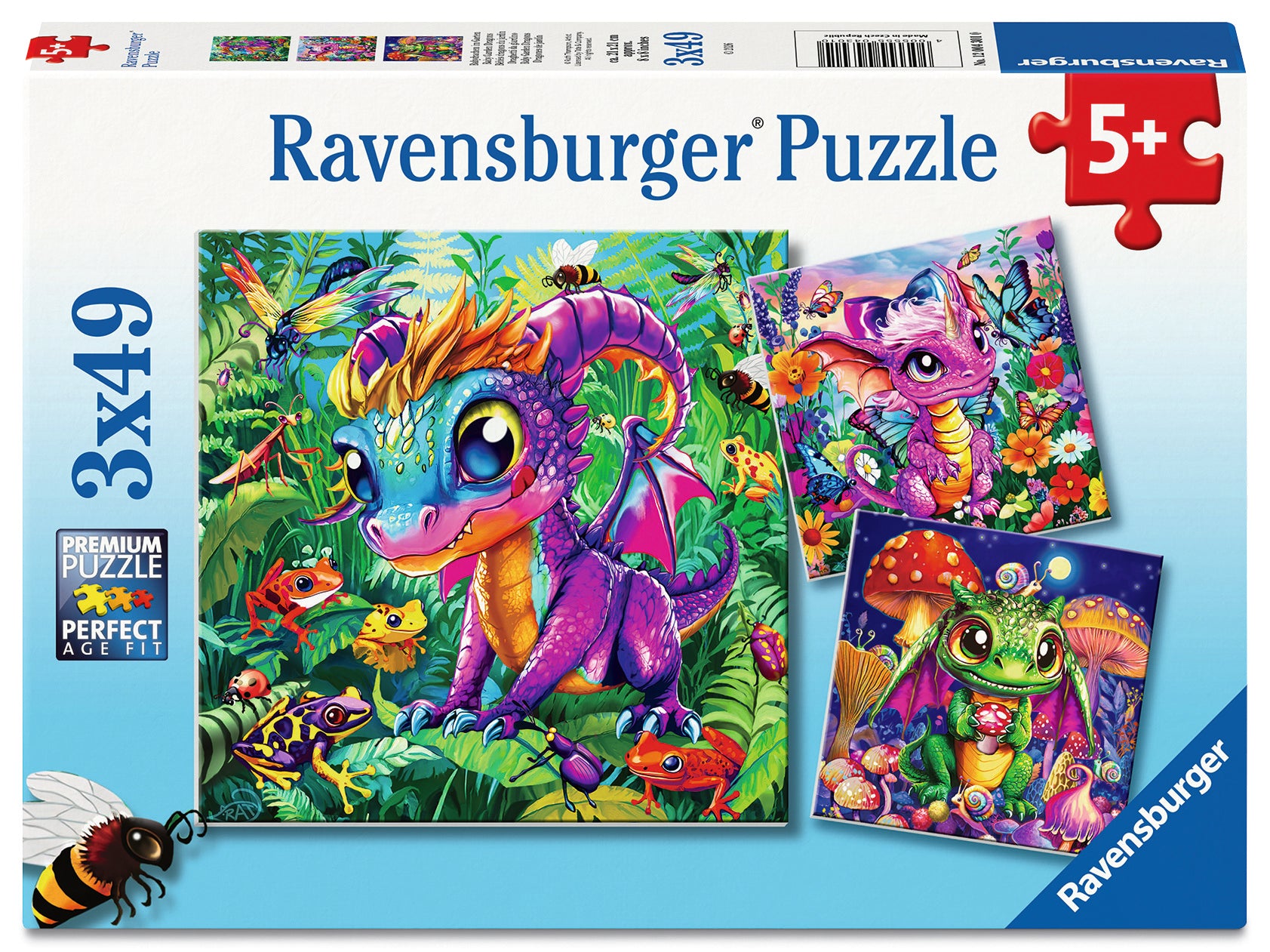 Ravensburger Baby Garden Dragons 3 x 49 piece jigsaw puzzle set featuring adorable baby dragons in magical garden scenes