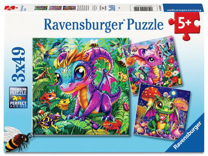 Ravensburger Baby Garden Dragons 3 x 49 piece jigsaw puzzle set featuring adorable baby dragons in magical garden scenes