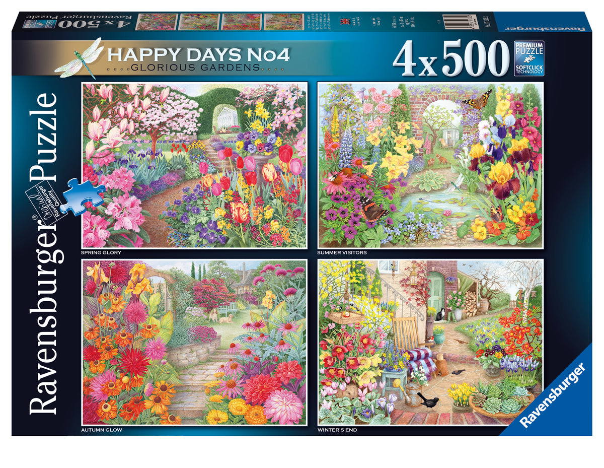 Ravensburger puzzle box with four garden scenes on a blue background