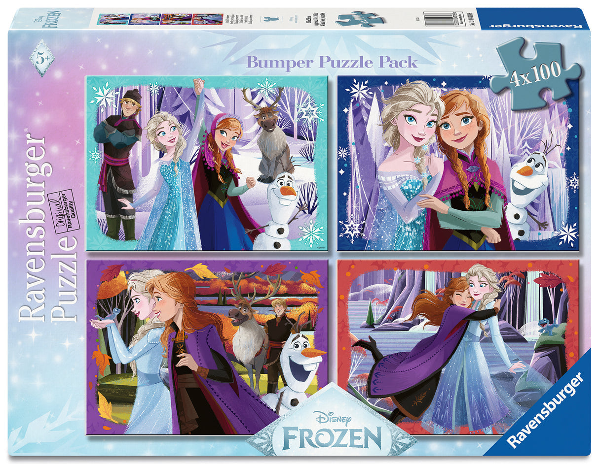 Ravensburger Frozen puzzle pack with characters and snowflakes on a blue background