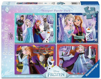 Ravensburger Frozen puzzle pack with characters and snowflakes on a blue background