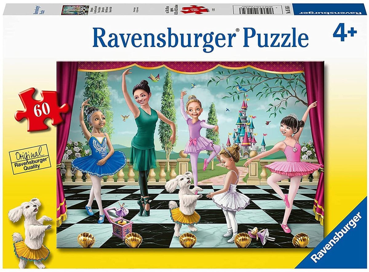 Ravensburger puzzle box with ballerinas and a dog on a checkered floor, featuring the Ravensburger logo and '4+' age recommendation.