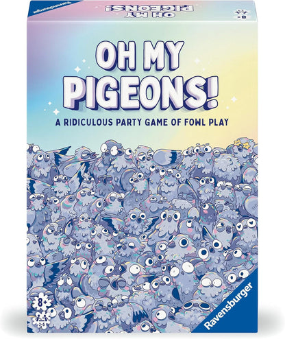 Ravensburger 'Oh My Pigeons!' party game box, featuring a colorful pastel gradient top half with bold white title text and a dense illustration of blue-gray pigeons on the lower half.