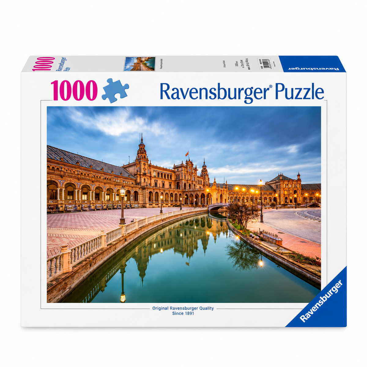 Ravensburger 1000-piece jigsaw puzzle box featuring a scenic photograph of Plaza de España in Seville, Spain, with the blue Ravensburger brand logo on a white background.