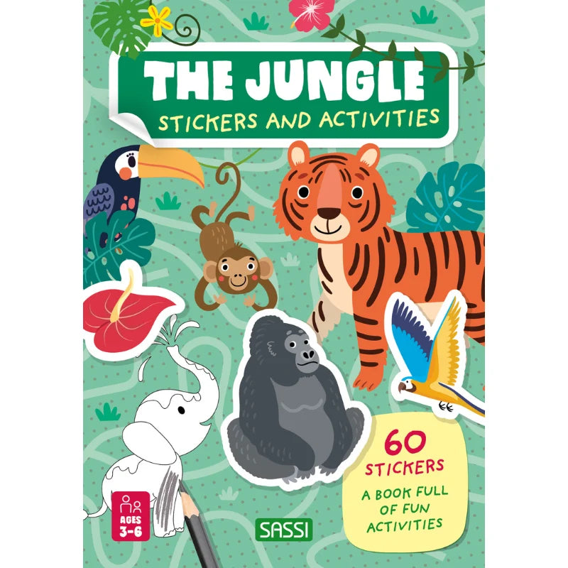 Sassi Stickers & Activities Book The Jungle featuring 24 activity pages with jungle animals, colouring, puzzles and 60 colourful stickers