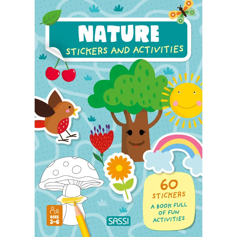 Sassi Stickers & Activities Book Nature featuring 24 activity pages with colouring, puzzles, wildlife scenes and 60 colourful stickers