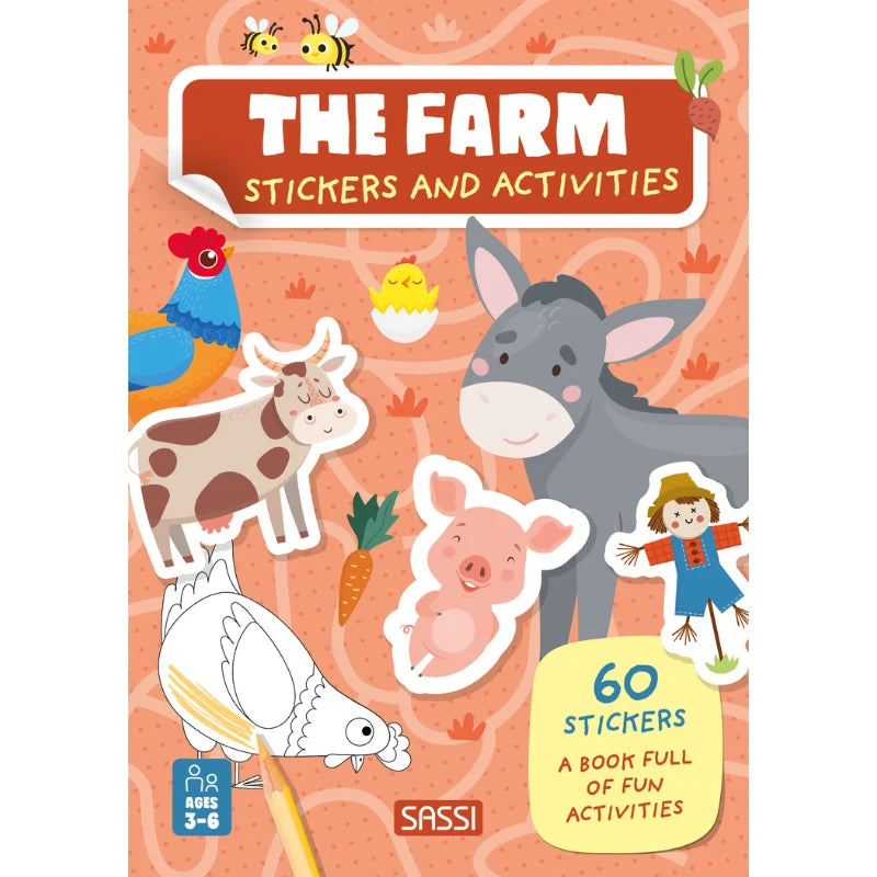 Sassi Stickers & Activities Book The Farm featuring 24 activity pages with farm animals, colouring, puzzles and 60 colourful stickers