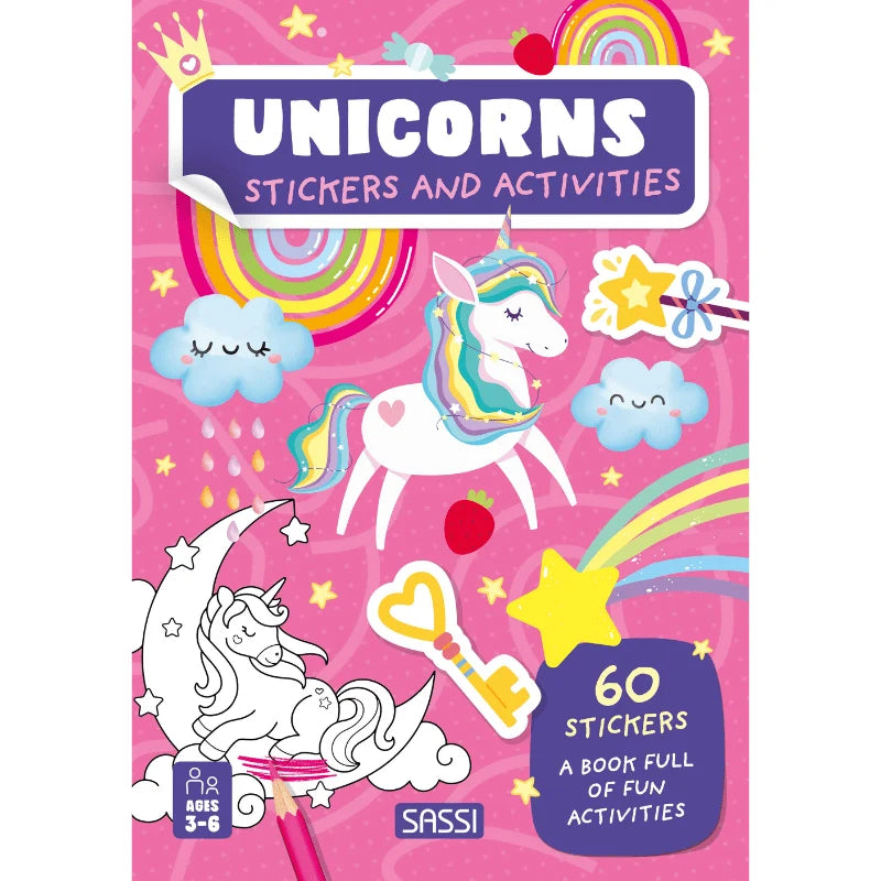 Sassi Stickers and Activities Book Unicorns featuring magical unicorns, colouring pages, puzzles and 60 colourful stickers