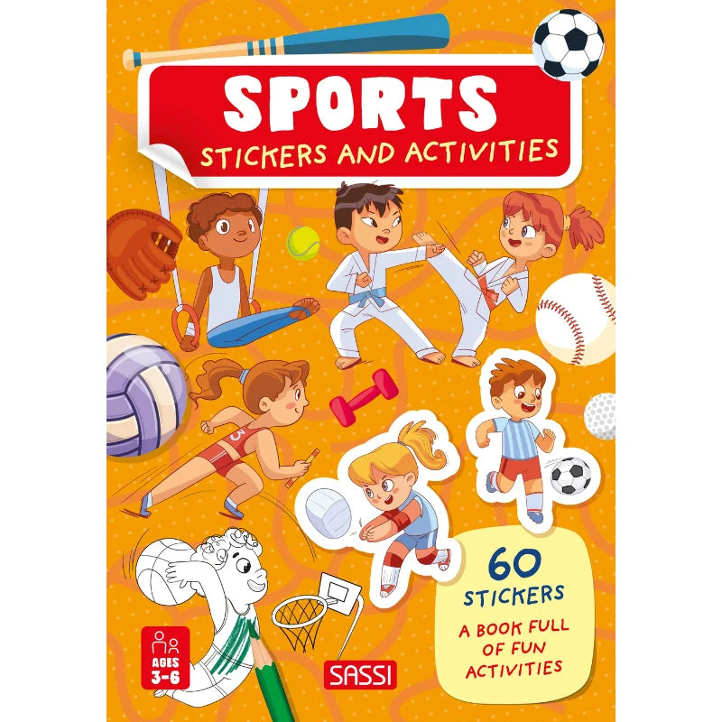 Sassi Stickers & Activities Book Sports featuring 24 activity pages with sports-themed colouring, puzzles, games and 60 colourful stickers