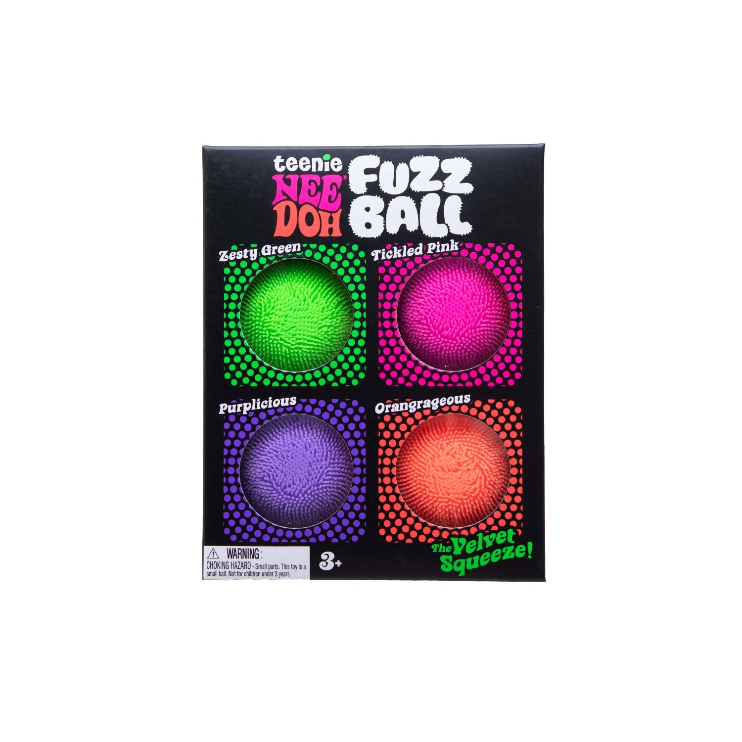 NeeDoh Fuzz Ball Teenie Multipack featuring four colourful mini fuzzy sensory squish balls