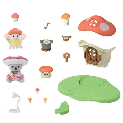 Sylvanian Families Fairy Mushroom House 5859 complete contents showing figures, house pieces and accessories