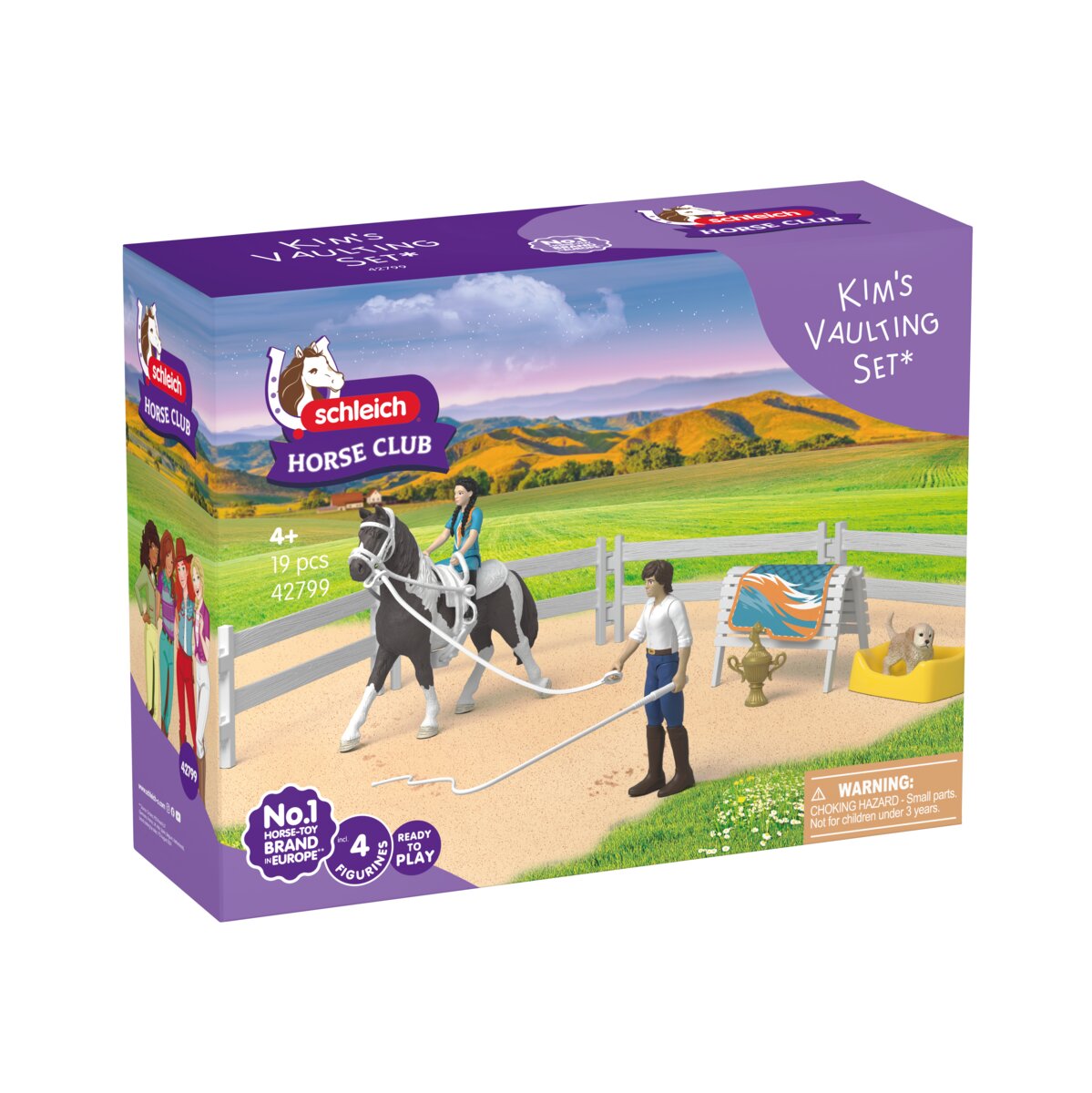 Schleich Horse Club Kim's Vaulting Set packaging with horse and rider figures on a field background.