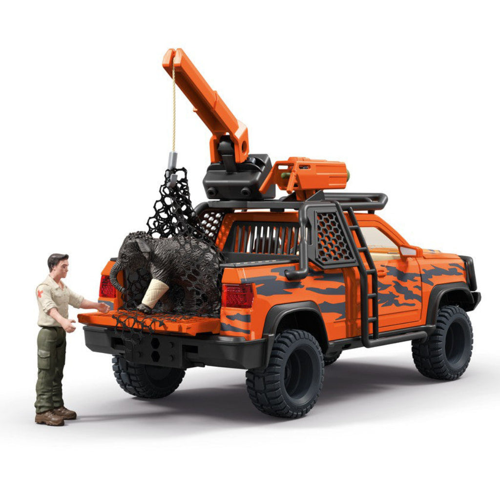 Schleich Orange and black toy ute truck with a crane and cargo bed, showning opening tailgate