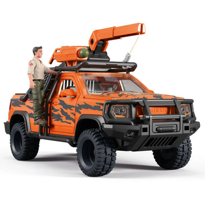 Orange and black toy pickup truck with a mounted crane on top, shown on a white studio background. A small toy soldier figure stands on the front door of the truck.