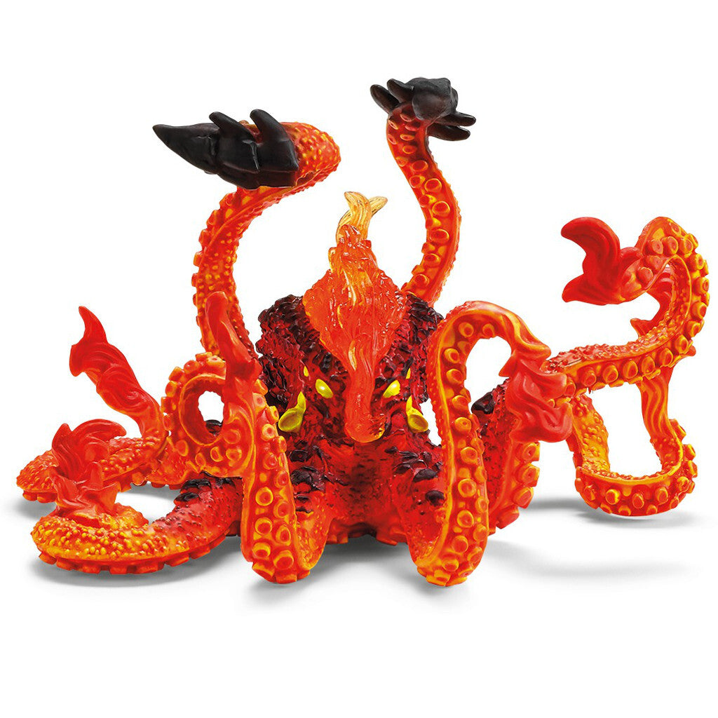 A plastic toy figure of a multi-headed fire octopus, featuring bright orange and red bodies with black tentacles and a glowing yellow mouth, set against a plain white background.