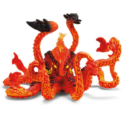 A plastic toy figure of a multi-headed fire octopus, featuring bright orange and red bodies with black tentacles and a glowing yellow mouth, set against a plain white background.