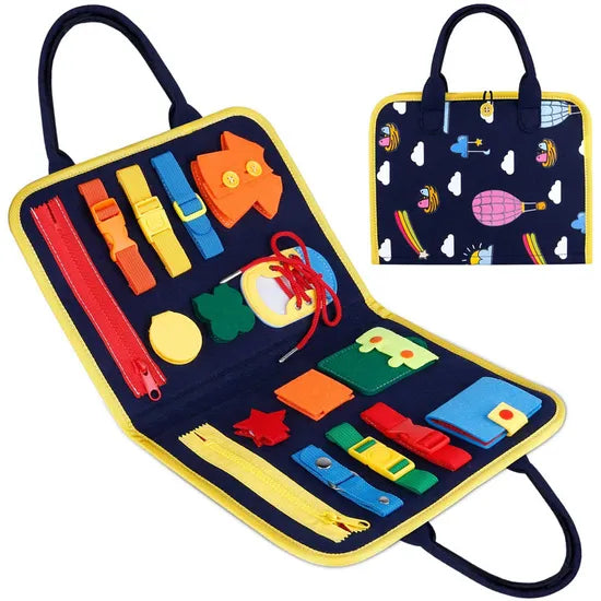 Colorful sensory fidget busy book with various tools in an open case and a closed case with patterns.