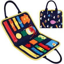Colorful sensory fidget busy book with various tools in an open case and a closed case with patterns.