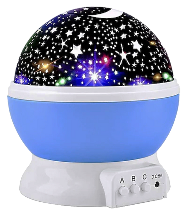 A dome-shaped night light projector with a blue and white base, featuring a starry sky pattern on the top dome that projects stars and colorful lights. The base has three control buttons labeled A, B, and C with a DC5V indicator.