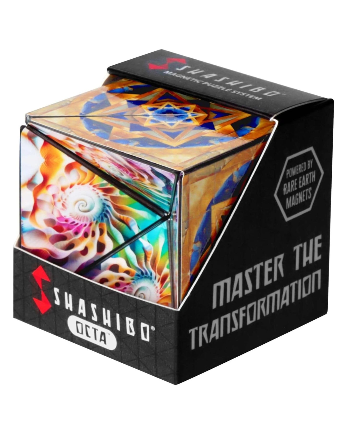 Shashibo Octa magnetic puzzle system in its retail packaging, featuring a colorful spiral-patterned cube and black branded box on a white background.