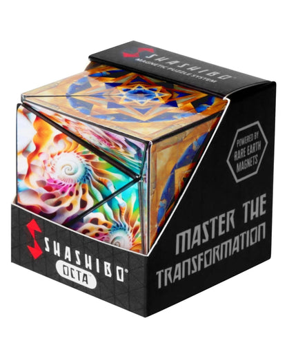 Shashibo Octa magnetic puzzle system in its retail packaging, featuring a colorful spiral-patterned cube and black branded box on a white background.