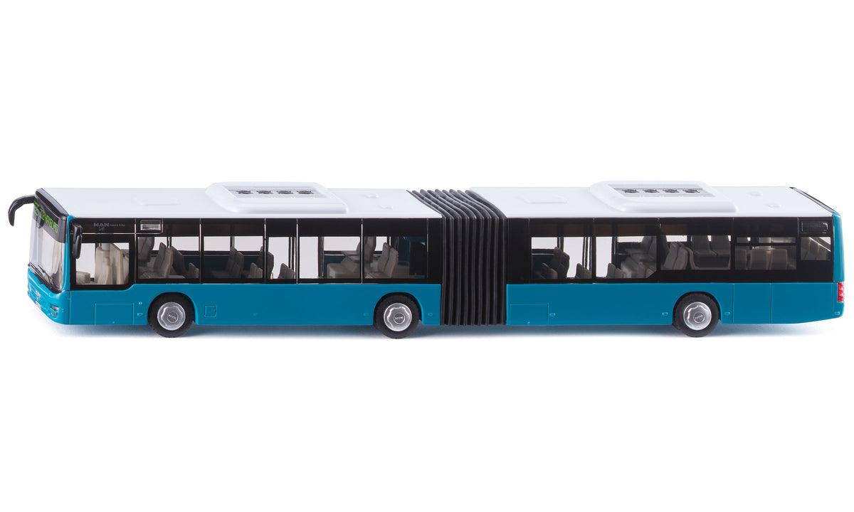 Model of a blue and white bus on a white background