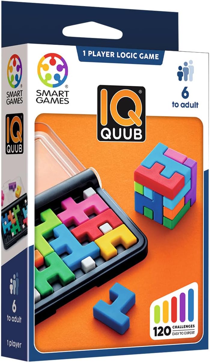 IQ Quub packaging by Smart Games with colorful puzzle pieces on an orange background