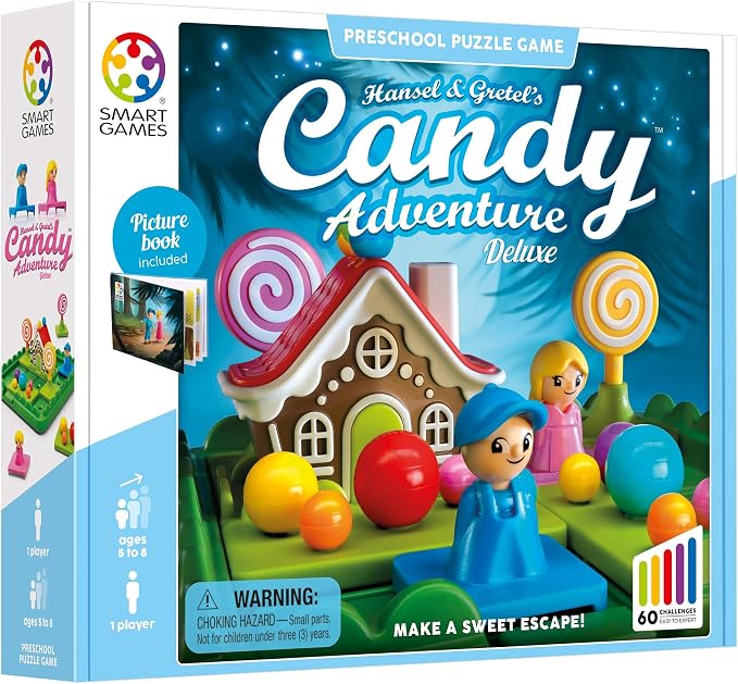 Front and side views of the Smart Games 'Candy Adventure Deluxe' preschool puzzle game box, showing colorful candy-themed artwork, a gingerbread house, cartoon characters, and product details on a white background.