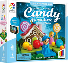 Front and side views of the Smart Games 'Candy Adventure Deluxe' preschool puzzle game box, showing colorful candy-themed artwork, a gingerbread house, cartoon characters, and product details on a white background.