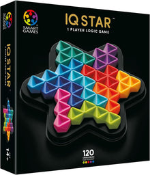 IQ Star 1 Player Logic Game box by Smart Games, featuring a colorful triangular star-shaped board on a black background.