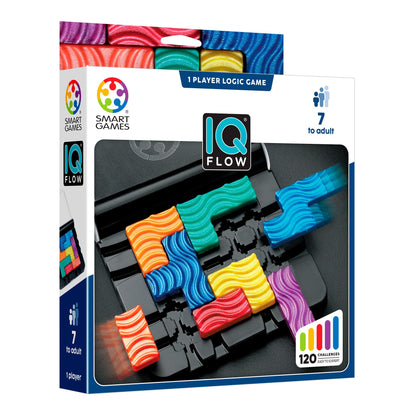 IQ Flow 1-player logic game box by Smart Games, featuring colorful wavy plastic pieces on a black board, shown in retail packaging on a white background.