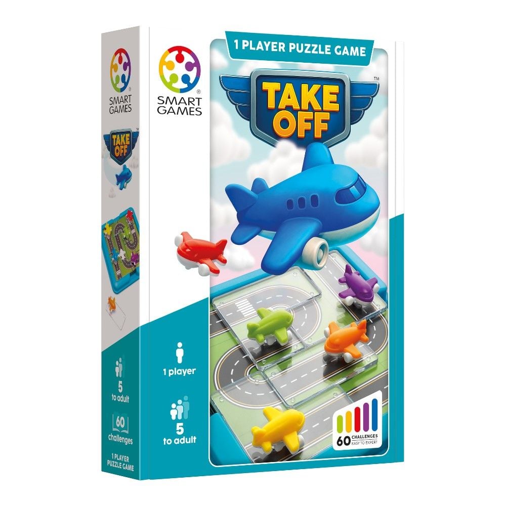 Smart Games Take Off 1 Player Puzzle Game box, featuring a blue airplane and colorful toy aircraft on a helipad, shown on a white background.