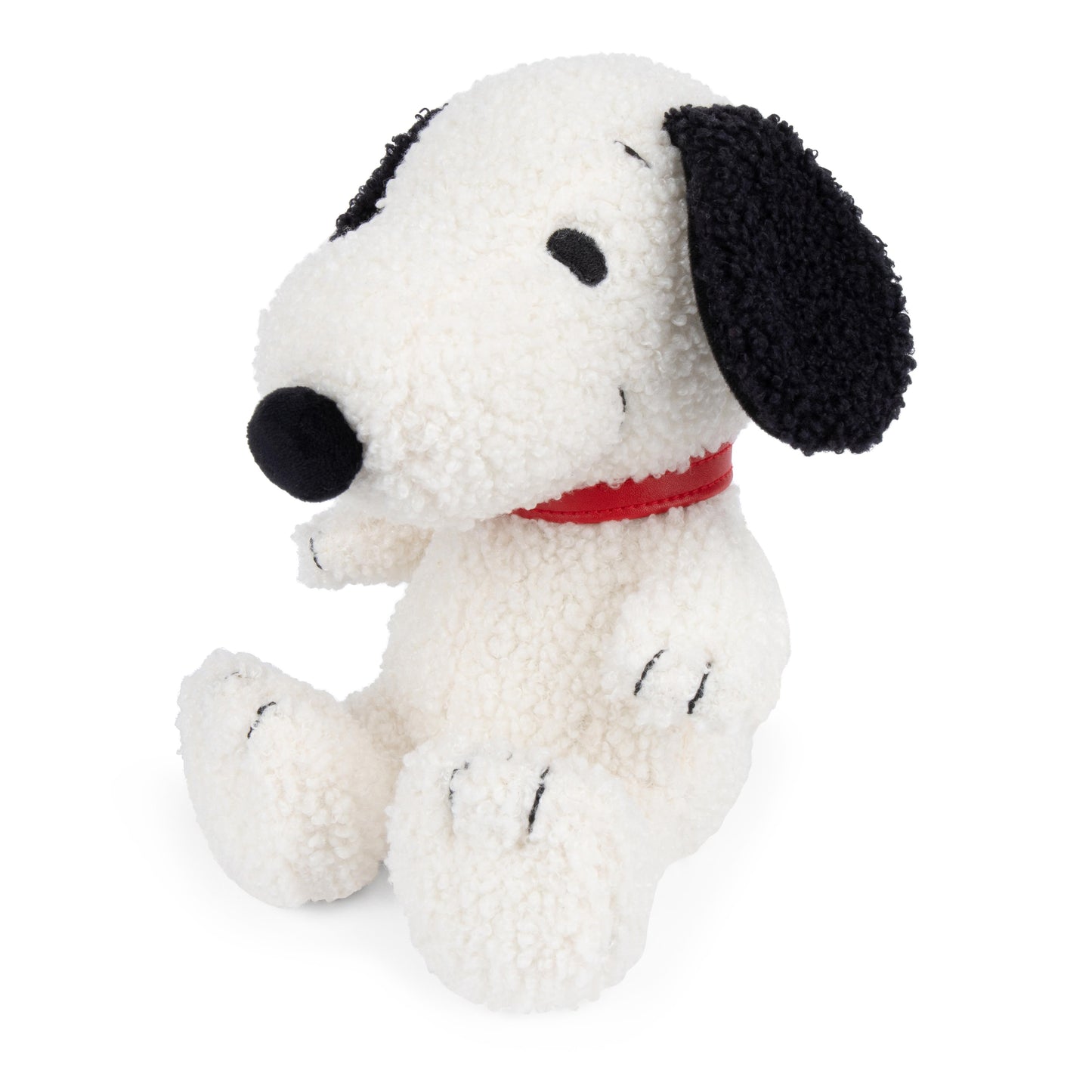 Snoopy Sitting Tiny Teddy Cream 20cm plush featuring soft teddy fabric, black floppy ears, embroidered face and red collar