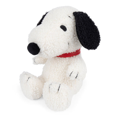Snoopy Sitting Tiny Teddy Cream 20cm plush featuring soft teddy fabric, black floppy ears, embroidered face and red collar