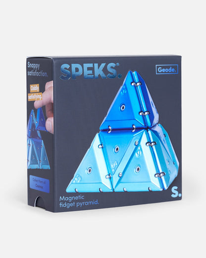 The retail packaging box for the SPEKS Geode Magnetic Fidget Pyramid, featuring a dark gray background with a large blue and light blue pyramid illustration on the front.