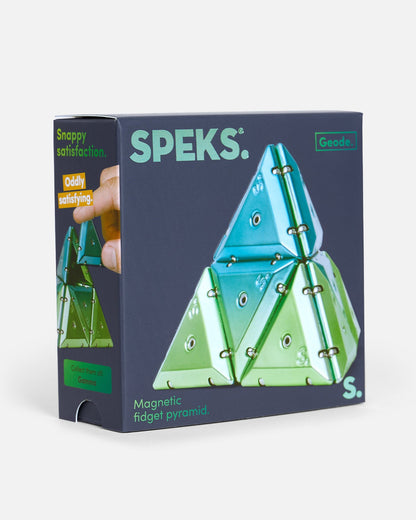 Speks Geode magnetic fidget pyramid toy packaging box, featuring a dark slate blue box with a large graphic of the assembled pyramid in metallic green and blue colors.