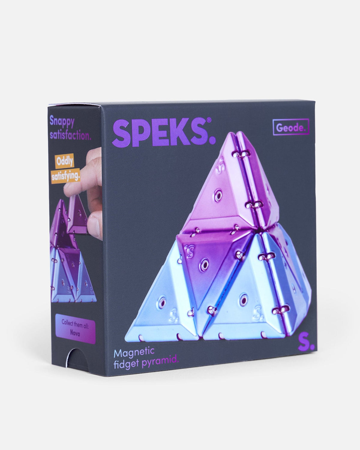 Speks Geode 1 magnetic fidget pyramid box in dark gray packaging, featuring a large image of the assembled iridescent purple and blue triangular magnetic toy on the front.