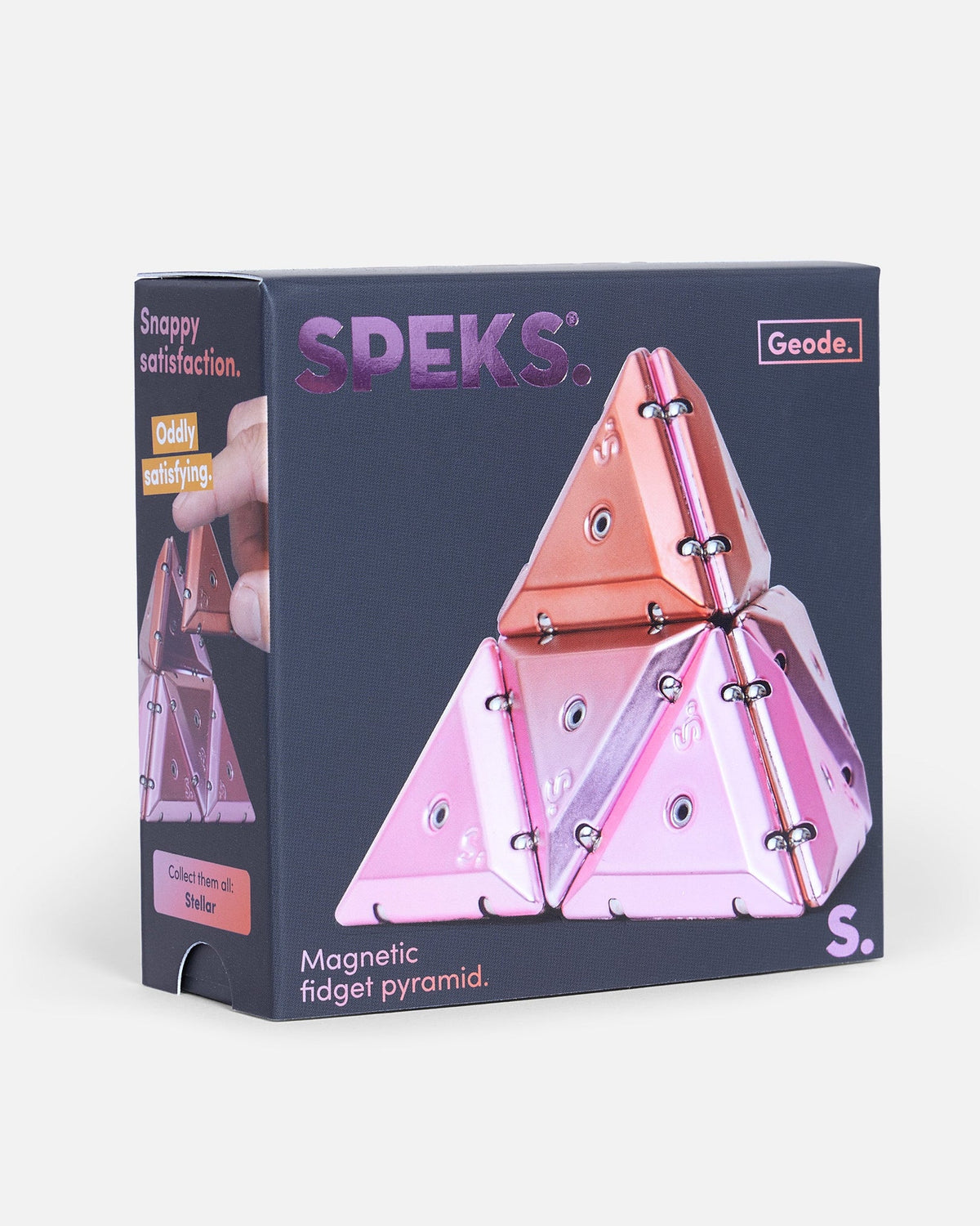 Speks Geode S Magnetic Fidget Pyramid box in pink, showing the product packaging on a light gray background.